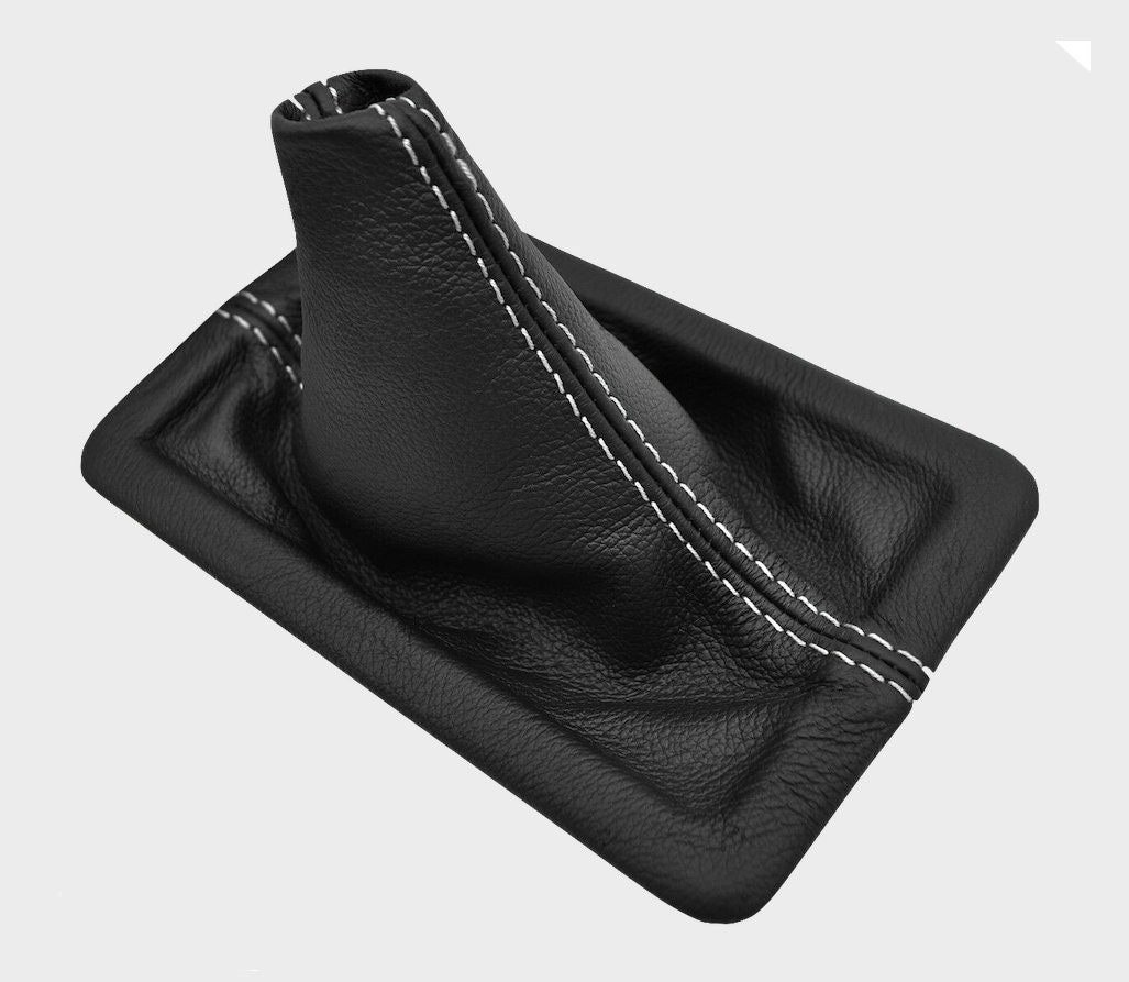 Fits Ford Mustang 2005 2006 2007 2008 2009 New Black Genuine Italian Leather Manual Shift Boot(Skin Part Only) White  Stitches Made in USA