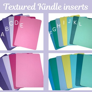 May include: Assortment of textured Kindle inserts in various colors, labeled A through L. The inserts are designed to provide a more comfortable reading experience.