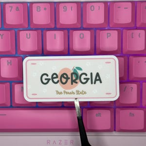 May include: A rectangular sticker with a white background, pink border, and a peach illustration. The text reads GEORGIA in large black letters and The Peach State in smaller gold script. The sticker features small white flower accents.