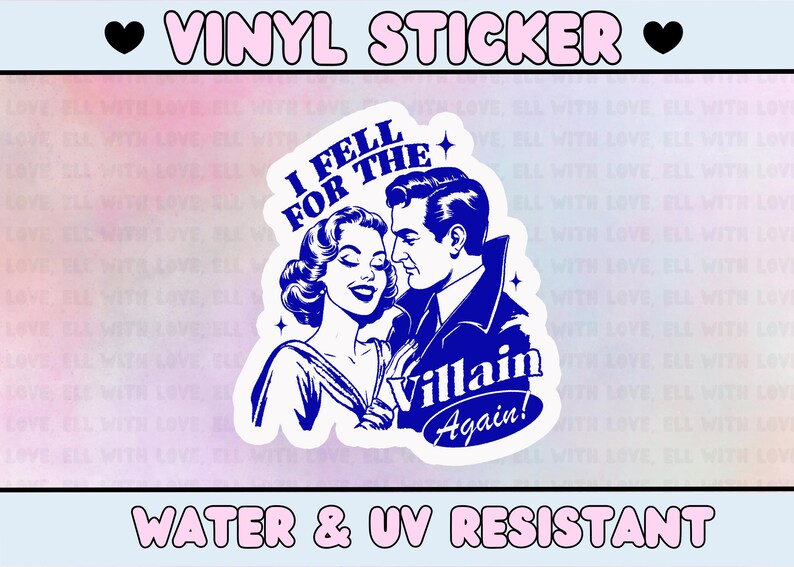 K&ouml;nnte beinhalten: Ein blauer und wei&szlig;er Vinyl-Aufkleber mit einem Cartoon-Paar. Die Frau sagt: "Ich bin wieder dem B&ouml;sewicht verfallen!"