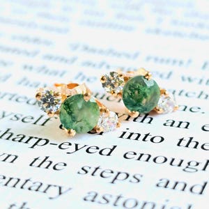 Vintage Moss Agate Studs Earrings Sterling Silver Multi Round Gemstone Pair Earring Helix Conch Cartilage Stud Gift for Her