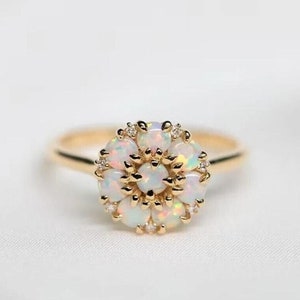 Natural Opal 14k Gold Ring Opal Flower Ring Fire Opal Ring Promise Ring Vintage Ring Engagement Ring Anniversary Ring Wedding Ring Opal Ring