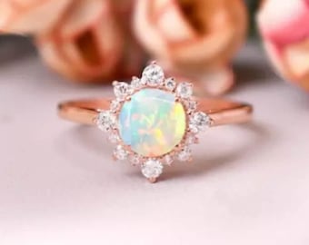 Rosegouden ring met vuuropaal bloemen: halogouden diamanten verlovingstrouwring sterlingzilveren opaalring art-decoring oktober geboortesteenring