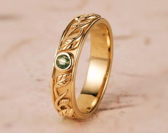 Vintage Moss Agate 14K Rose Gold Ring: Art Deco Leaf Wedding Band