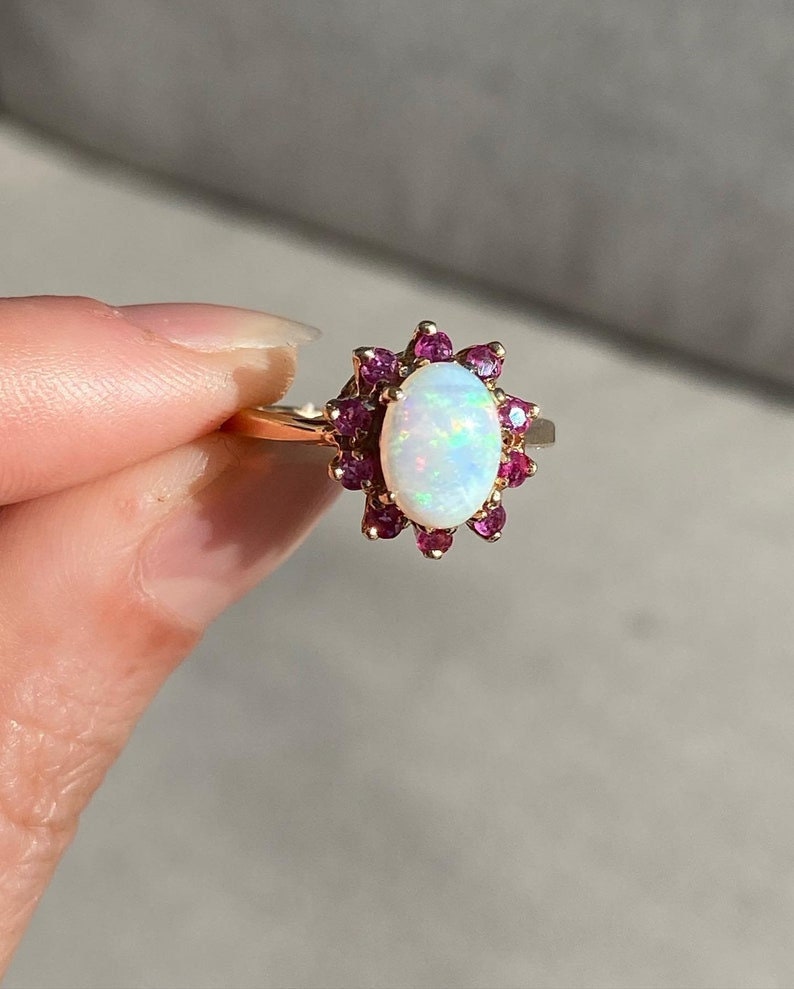 14k Gold Fire Opal Ring: Ruby Halo, October Birthstone