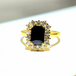 Emerald Cut Black Onyx Wedding band Unique Yellow gold wedding band Diamond Halo Engagement band Matching Promise ring Anniversary ring