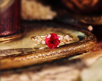 Vintage Ruby Engagement Ring: Yellow Gold Leaf Bridal Ring