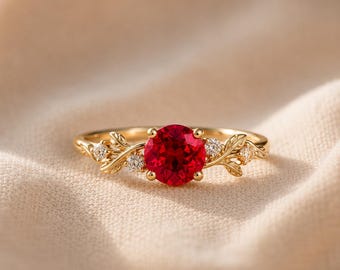 Dainty Ruby Engagement Ring Women Nature Inspired Leaf Band Ruby Ring 14K Gold Vintage Style Bridal Red Ruby Promise Ring Anniversary Ring