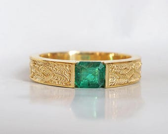 Square Emerald Wedding Band: Frosted Green Gold Ring