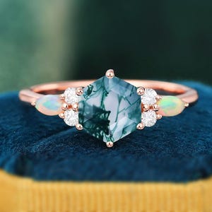 Einzigartige Hexagon Moosachat Opal Ring Art Deco Ehering Set Vintage Grüner Achat Verlobungsring Versprechensring Jahrestag Ring Geschenk für Sie