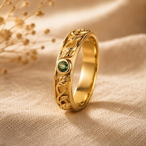 Förlovningsring med mossagatblad - 14k massivt guld, naturinspirerad vigselring - mossagatbezel med bladgravyr, milgrainband - Boho-ring
