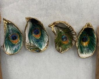 Oyster shell Trinket dish, Ring dish medium peacock & gold