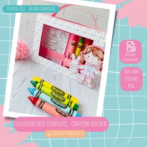 May include: A pink and white patterned coloring box template with a handle, containing crayons, a coloring book, and paper cutouts of a girl and a bunny. The box is labeled "DIGITAL FILE - BLANK TEMPLATE" and "COLORING BOX TEMPLATE - CRAYON HOLDER".