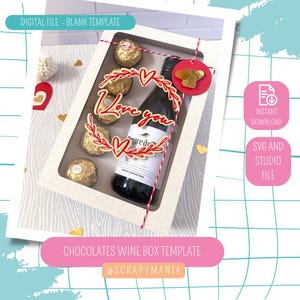 Puede incluir: Una plantilla de caja de regalo con una botella de vino y bombones. La caja tiene una ventana transparente, y la botella de vino está decorada con un mensaje "Love you". El texto "Chocolates Wine Box Template" también está presente.