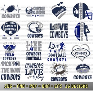 Puede incluir: Colección de 16 diseños digitales con el tema "Cowboys", con gráficos de fútbol americano. Los diseños incluyen balones, cascos y frases como "Cowboy Gang" y "Kick for the Win!". Formatos: SVG, PNG, PDF, DXF, EPS.