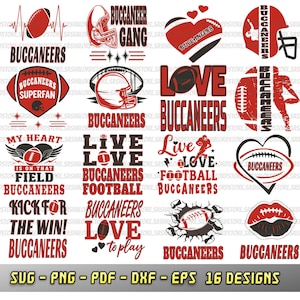 Puede incluir: Colección de 16 diseños digitales con la palabra "Buccaneers" y gráficos de fútbol americano. Incluyen balones, cascos y frases como "Superfan". Formatos: SVG, PNG, PDF, DXF, EPS. Los diseños son en rojo y negro.