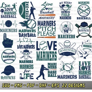 May include: A collection of 22 Mariners baseball-themed designs in SVG, PNG, PDF, DXF, and EPS formats. The designs feature baseballs, bats, and text such as "Live Love Baseball" and "Mariners Baseball."