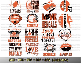 Puede incluir: Una colección de 16 diseños digitales con la palabra "Bengals" y gráficos de fútbol. Los diseños incluyen balones de fútbol, cascos, corazones y frases como "Bengals Superfan" y "Kick for the Win!" en naranja y negro.