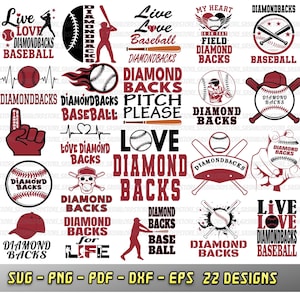 以下が含まれることがあります： 「Diamondbacks」の文字と野球関連のグラフィックを特徴とする、22種類の野球をテーマにしたデザインのコレクションです。「Live Love Baseball」や「Baseball for Life」などのフレーズや、野球ボール、バットなどのデザインが含まれています。SVG、PNG、PDF、DXF、EPS形式で利用できます。