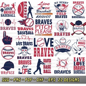 Puede incluir: Una colección de 22 diseños temáticos de béisbol con la palabra "Braves", pelotas de béisbol, bates y gráficos relacionados. Los diseños incluyen frases como "Live Love Braves Baseball" y "My Heart is on that Field Braves". Disponible en formatos SVG, PNG, PDF, DXF y EPS.