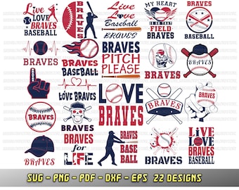 Braves bundle, 22 baseball fan designs, SVG Cricut files, Go Braves, Vector, Silhouette, Cheer png dxf eps, Love baseball team, sublimation