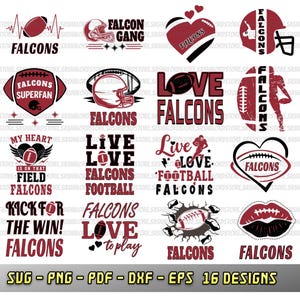 May include: A collection of 16 digital designs featuring the word "Falcons" with football-themed graphics. Designs include footballs, helmets, and phrases like "Superfan" and "Kick for the Win!" in red and black.