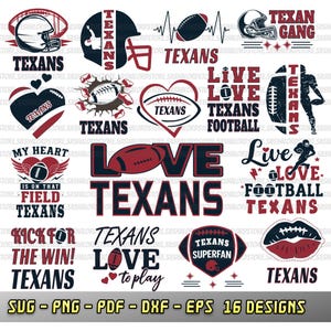 Puede incluir: Una colección de 16 diseños digitales con temas de fútbol. Los diseños incluyen cascos, balones de fútbol, corazones y elementos de texto como "Texans", "Live Love Football" y "Kick for the Win!" en rojo, blanco y negro.