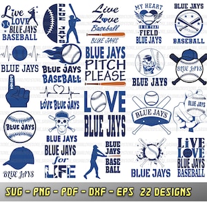 May include: A collection of 22 blue and white baseball-themed designs. The designs include baseballs, bats, and text such as "Blue Jays," "Live Love Baseball," and "My Heart is on that Field." The designs are available in SVG, PNG, PDF, DXF, and EPS formats.