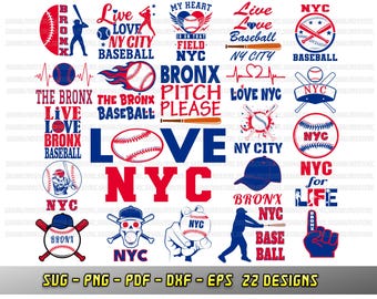 NYC baseball bundle, 22 baseball fan designs, SVG Cricut files, NY City Png, Silhouette, Cheerleader pdf dxf eps, Love team svg, sublimation