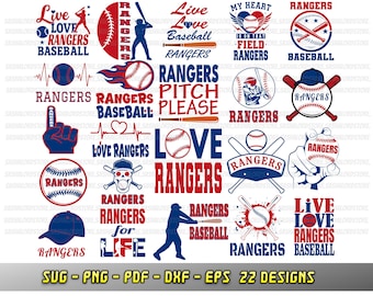 Rangers bundle, 22 baseball fan designs, SVG Cricut files, Go Rangers, Vector, Cameo, Cheer png pdf dxf eps, Love baseball team, sublimation