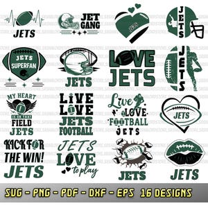 May include: A collection of 16 football-themed designs in green and white, featuring footballs, helmets, and text like "JETS," "Live Love Football," and "Kick for the Win!" Formats include SVG, PNG, PDF, DXF, and EPS.