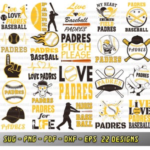 Pode incluir: Uma coleção de 22 designs com tema de beisebol com a palavra "PADRES" em vários estilos. Os designs incluem bolas de beisebol, bastões e silhuetas de jogadores, em amarelo, preto e branco. O texto inclui "Live Love Baseball" e "Pitch Please".