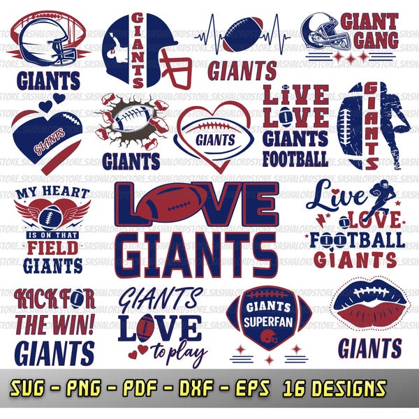 16 motifs pour les fans des Giants, pack Giants, fichiers SVG Giants, fichiers Cricut, vecteur, silhouette, football américain des Giants, j'adore les Giants, t-shirt, équipe de football, clipart