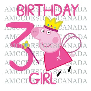 Puede incluir: Diseño de cumpleaños rosa y blanco con un cerdo de dibujos animados que lleva una corona y alas de hada. El cerdo sostiene una varita con una estrella en la parte superior. El número 3 está en el fondo. El texto "Birthday Girl" está en la parte inferior del diseño.