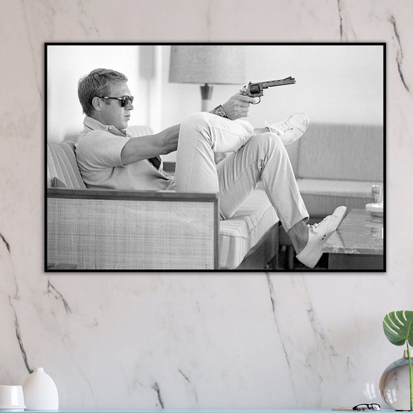 Steve McQueen Aims a Pistol in his Living Room 1965, Bullitt, Photo Art Print, Black and White Photography Prints, Vintage Art Photography