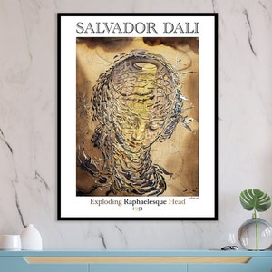 May include: A poster featuring a surrealist painting by Salvador Dali titled "Exploding Raphaelesque Head" from 1951. The painting depicts a human head with a swirling, abstract design.