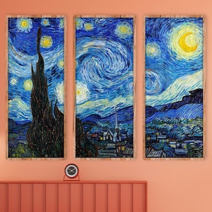 Ungerahmt, 3er-Set Vincent van Gogh, Sternennacht, Vertikale Landschaftskunst, Panorama-Sternennacht, große Wandkunst, hochwertiger Druck