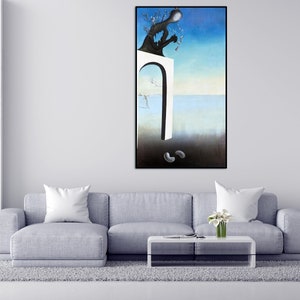 May include: A surrealist painting depicting a black tree with white blossoms growing out of a white archway. The tree is partially obscured by the archway, and the background is a blue sky with a white horizon. There are three black ovals on the ground below the archway.