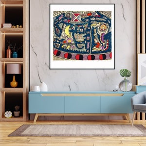 May include: A framed abstract art print with a colorful, geometric design. The print features a blue background with red, yellow, and white shapes. The print is framed in a black frame and is hanging on a white wall.