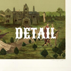 May include: A print featuring a large stone manor house surrounded by green hills and trees. Several figures in flowing garments are depicted in the landscape, including one standing beside a large cat-like creature. The word DETAIL is centered.
