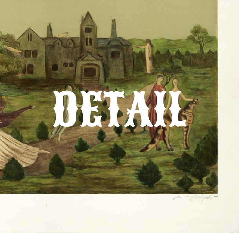 May include: A print featuring a large stone manor house surrounded by green hills and trees. Several figures in flowing garments are depicted in the landscape, including one standing beside a large cat-like creature. The word DETAIL is centered.