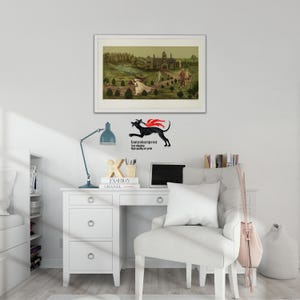 May include: A framed landscape art print featuring a castle, trees, and figures in flowing robes. Below the frame is a black graphic of a running dog with red flames, accompanied by the text fastandbartprint, free shipping, high quality art print.