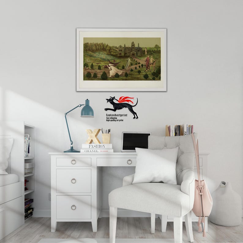 May include: A framed landscape art print featuring a castle, trees, and figures in flowing robes. Below the frame is a black graphic of a running dog with red flames, accompanied by the text fastandbartprint, free shipping, high quality art print.