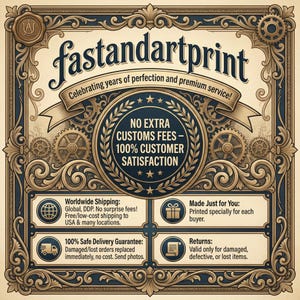 May include: A rectangular graphic with a beige background and ornate dark blue and gold filigree border. It features the text fastandartprint, Celebrating years of perfection and premium service!, NO EXTRA CUSTOMS FEES &ndash; 100% CUSTOMER SATISFACTION, and details regarding shipping, custom printing, delivery guarantees, and returns.