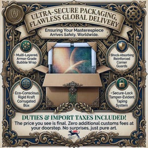 May include: A brown cardboard box containing a wrapped item, surrounded by text: ULTRA-SECURE PACKAGING, FLAWLESS GLOBAL DELIVERY, Ensuring Your Masterpiece Arrives Safely, Worldwide, Multi-Layered, Armor-Grade Bubble Wrap, Shock-Absorbing Reinforced Corner Guards, Eco-Conscious, Rigid Kraft Corrugated Box, Secure-Lock Tamper-Evident Taping System, DUTIES & IMPORT TAXES INCLUDED! The price you see is final. Zero additional customs fees at your doorstep. No surprises, just pure art.