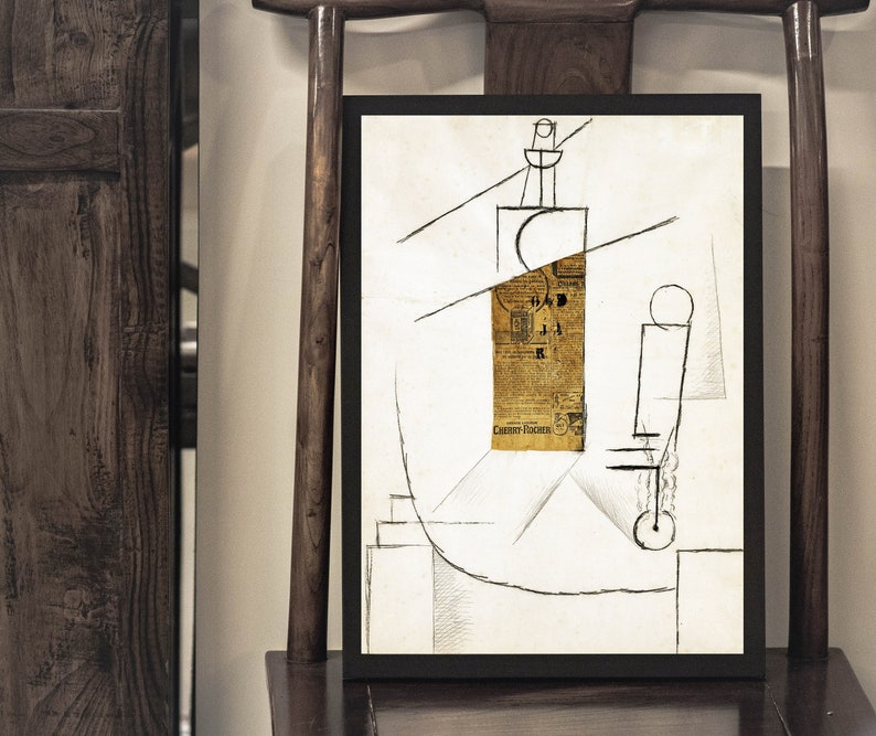 May include: A black and white line drawing of a still life with a newspaper clipping, a bottle, and a geometric shape. The newspaper clipping is titled "Country Teacher".