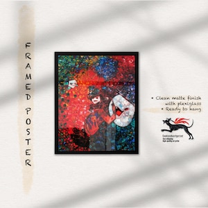 May include: Framed poster featuring an abstract painting with a figure holding a white mask with a red smile. The artwork uses a vibrant color palette of red, green, and blue. The text reads "Clean matte finish with plexiglass" and "Ready to hang".