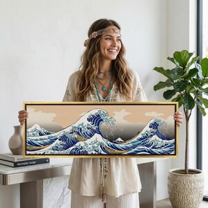 Mid Century Modern Japanese Wall Art, Katsushika Hokusai Inspired The Great Wave off Kanagawa Reproduction Rare Illustration