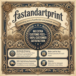 K&ouml;nnte beinhalten: Eine verzierte Anzeige im Vintage-Stil mit dem Text "fastandartprint" in einer dekorativen Schriftart. Das Design zeigt ein zentrales Medaillon mit Text, umgeben von Schn&ouml;rkeln und Zahnr&auml;dern, und enth&auml;lt Text zu Versand und Kundenzufriedenheit.