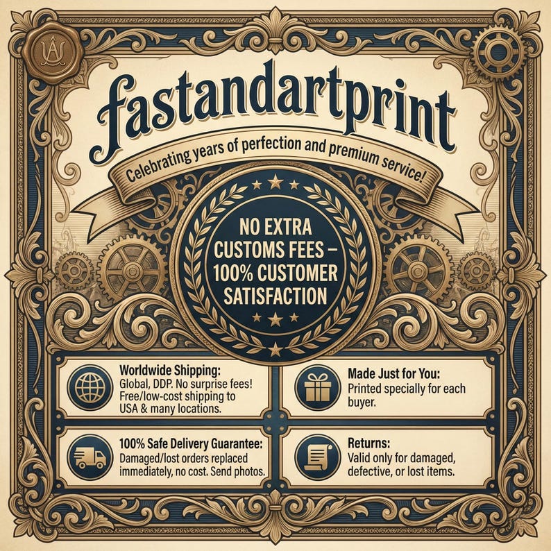 K&ouml;nnte beinhalten: Eine verzierte Anzeige im Vintage-Stil mit dem Text "fastandartprint" in einer dekorativen Schriftart. Das Design zeigt ein zentrales Medaillon mit Text, umgeben von Schn&ouml;rkeln und Zahnr&auml;dern, und enth&auml;lt Text zu Versand und Kundenzufriedenheit.